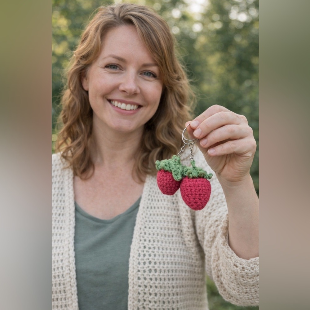 Handmade Crochet Strawberry Keychain Set Small & Large Cotton Easter Spring Gift